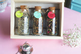 Rustic Pinewood Tea Gift Box with Glass Bottles – 3 Premium Loose Leaf Teas